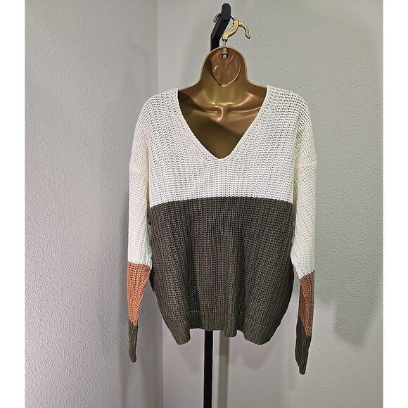Chunky Knit Cream Tan Green Twist Crop Sweater Womens Lg Deep V Colorblock Boho - Picture 4 of 6